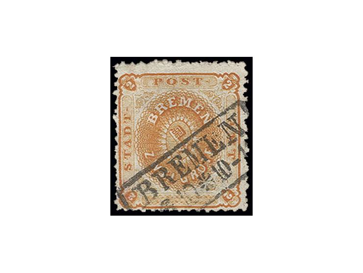 1866/67, gezähnt: 2 Gr. gelblichorange, sehr schön farbfrisch mit klar aufgesetztem Ra2 "BREMEN 6 10", bis auf rückseitig min