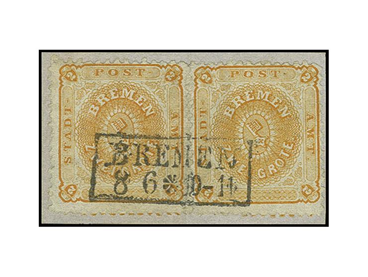 2 Gr. orange, 2 Einzelwerte als Paar geklebt mit sauberem Ra2 "BREMEN 8 6" auf Briefstück; zwischen den Marken gefaltet, dadu