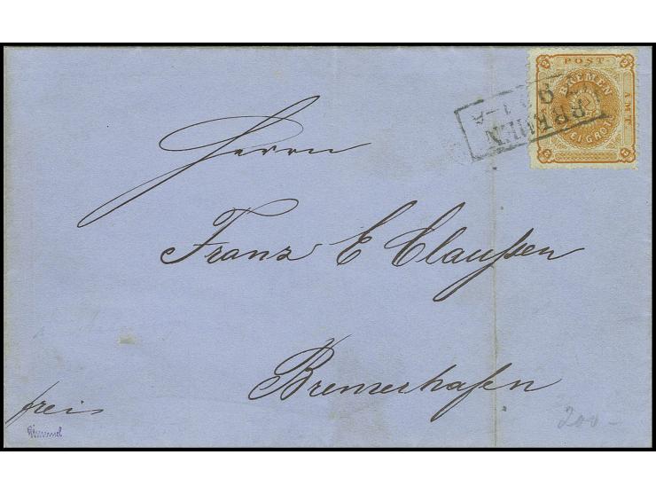 2 Gr. gelblichorange, farbfrisch mit sauberem Ra2 "BREMEN 7 9" auf Faltbriefhülle nach Bremerhaven mit Ankunftsstempel; durch