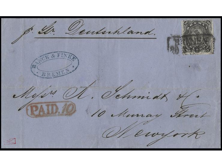 10 Gr. schwarz, farbfrisch und gut gezähnt mit sauberem Ra2 "BREMEN 29 3" (1867) auf Briefhülle nach New York, Pracht, sign. 