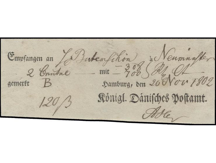 1802, Postschein des Kgl. Dänischen Postamtes für den Empfang von 2 Beuteln mit 1008 Reichsthalern Courant, rückseitig kl. Ha