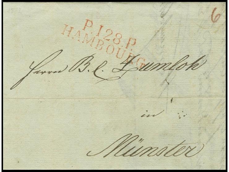 1812, "P.128.P./HAMBOURG", L2 in rot sauber auf Faltbrief nach Münster