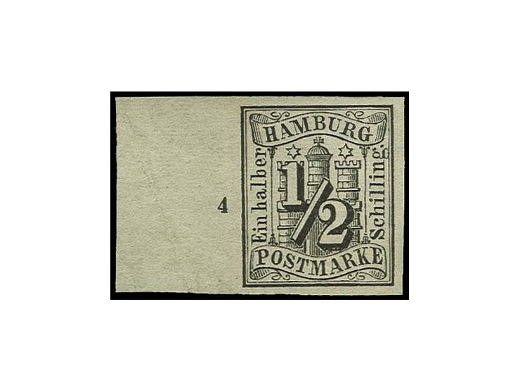 1859 geschnitten, ½ Sch. schwarz, allseits breitrandig vom linken Bogenrand mit Reihenzähler '4', ungebraucht mit Originalgum