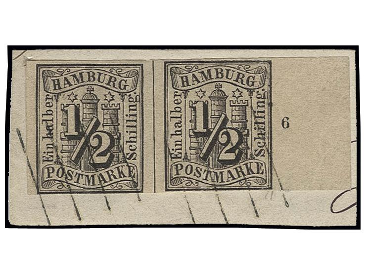 ½ Schilling schwarz im farbfrischen, allseits voll- bis sehr breitrandigen waagerechten Paar, rechts 14½ mm Bogenrand mit Ran