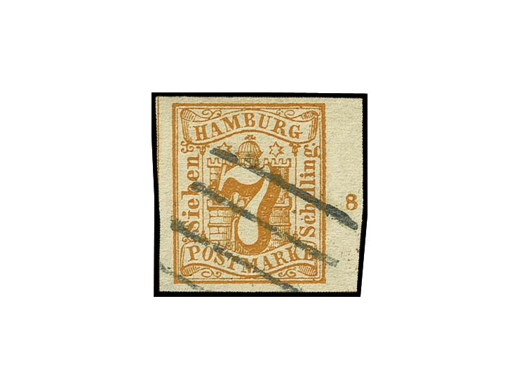 7 Sch. orange, sehr tiefe frische Farbe, allseits breit- bis überrandig vom rechten Bogenrand mit Reihenzähler "8", sauber ge