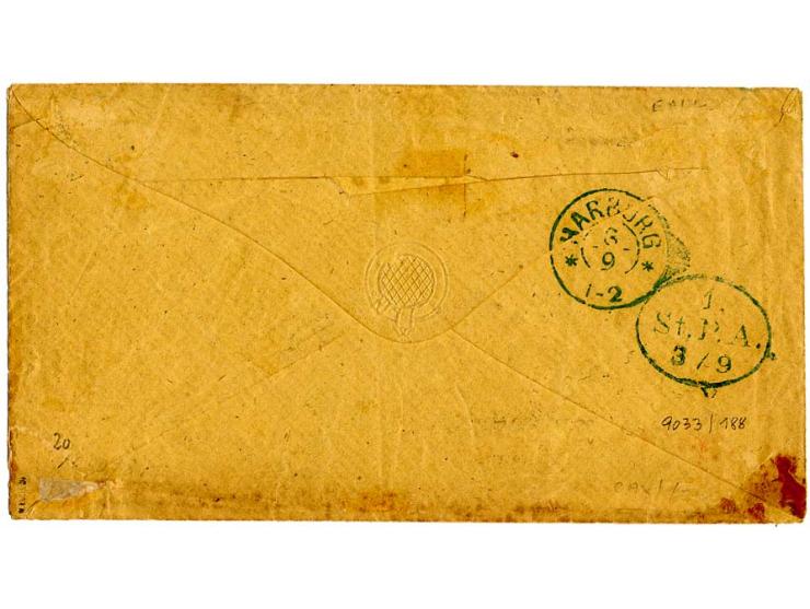 1864/67, gezähnt: ½ Sch. schwarz, waagerechtes Paar und Einzelstück mit blauem Strichstempel und nebengesetztem preußischen D