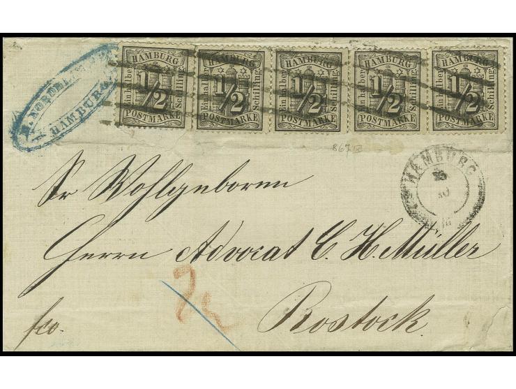 ½ Sch. schwarz, 5 Einzelwerte mit Balkenstempel und nebengesetztem DKr. des Mecklenburger Postamtes "HAMBURG 28 10" auf Brief