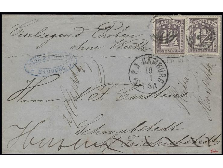 1¼ Sch. dunkelviolett, 2 Einzelwerte mit Nr. "2" und nebengesetztem EKr. "St. P.A. HAMBURG 19 11" auf Briefhülle mit Vermerk 