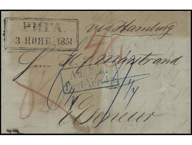 STEMPEL: "Aus dem Post-Verein", blauer Ra2 klar auf kpl. Faltbrief von "RIGA 3.11.1851" (schwarzer Ra2) via Hamburg mit Taxän