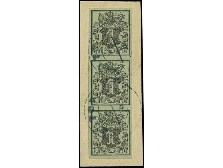 1851, 1 Ggr. auf graugrün im breitrandigen senkrechten 3er-Streifen mit 2 klaren DKr. "GARTOW" auf Briefstück, Kabinett, dopp
