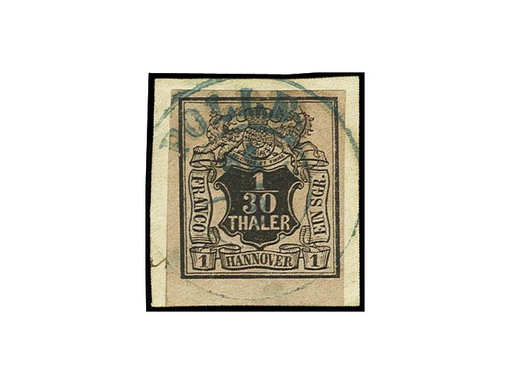1/30 Th. auf lachsfarben, breitrandig mit über 3 mm Unterrand, farbfrisch mit gutem blauen DKr. "POLLE" auf Briefstück, Kabin
