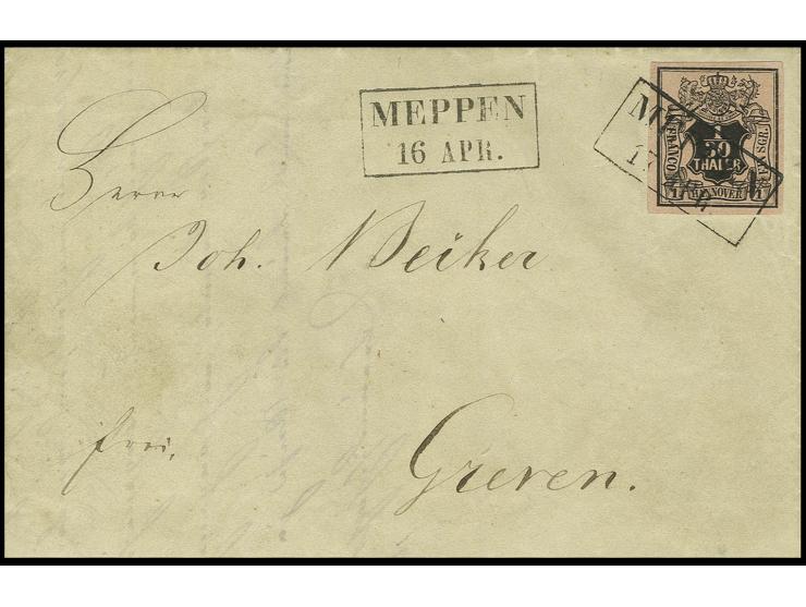 1/30 Th. auf lachsfarben, allseits breitrandig mit sauber auf- und zusätzlich nebengesetztem schwarzen Ra2 "MEPPEN 16 APR." (