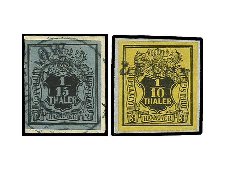 1/15 Th. auf blau und 1/10 Th. auf gelb, beide breitrandig und farbfrisch mit DKr. "WUSTROW ", bzw.  L1 "ZEVEN", auf 2 Briefs