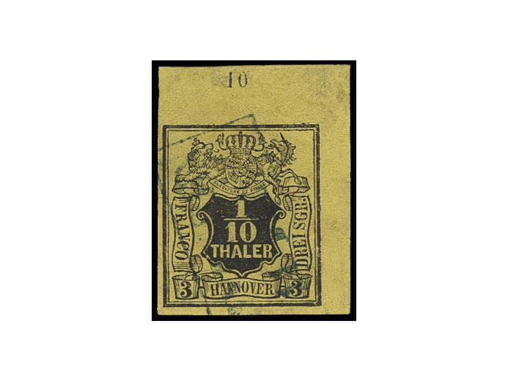 1/10 Th. auf gelb, allseits breitrandige rechte obere Bogenecke mit Reihenzähler "10" im Oberrand, leicht aufgesetzter Ra2, r
