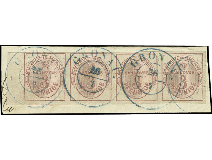 1853, 3 Pfg. rosa im waagerechten 4er-Streifen, allseits voll- bis überrandig vom linken Bogenrand mit Reihenzähler "4", mit 