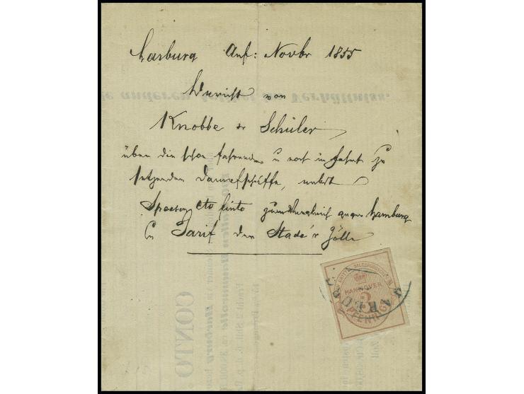 3 Pfg. mattlilarosa, voll- bis breitrandig mit Stempel von Harburg auf kpl. Drucksache ohne Schleife (Baumwollpreise und Frac