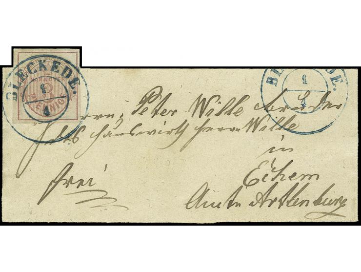 3 Pfg. mattlilarosa, allseits breitrandig mit DKr. "BLECKEDE 1/4" auf kleinem Streifband, Marke zu ca. 1/3 über den Rand gekl