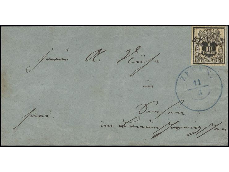 1855, 1/10 Th. orange genetzt, allseits breitrandig mit schwarzem L1 "ZEVEN" sowie leicht übergehendem blauen DKr. "ZEVEN 11/