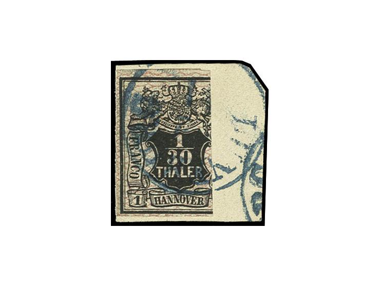1/30 Th., rosa genetzt, im 3/4-Schnitt, übergehend entwertet mit blauem EKr. "LÜNEBURG" auf kleinem Briefstück, laut Fotobefu