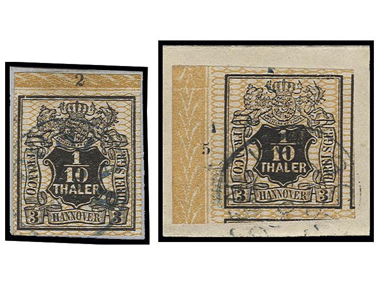1/10 Th., riesenrandiges linkes Randstück mit Reihenzähler "5" sowie breitrandiges Oberrandstück mit Reihenzähler "2", je auf