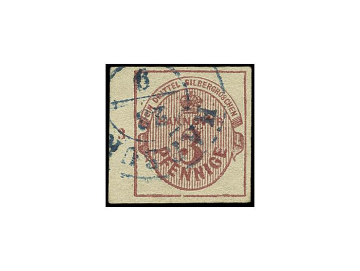 1859, 3 Pfg. karminrot, allseits breitrandiges linkes Randstück mit Reihenzähler "3" und DKr. von Harburg, Kabinett, sign. H.