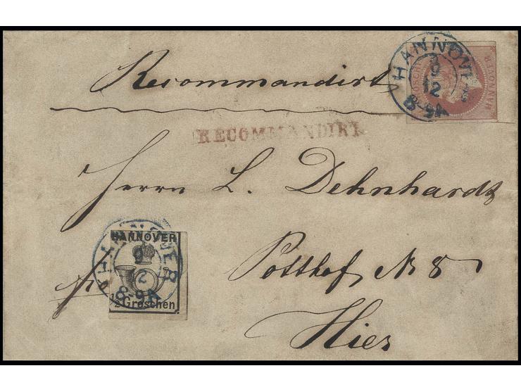 1 Gr. rötlichkarmin, unten in der Randlinie getroffen sonst vollrandig und 1860, ½ Gr. schwarz (2seitig angeschnitten) mit bl