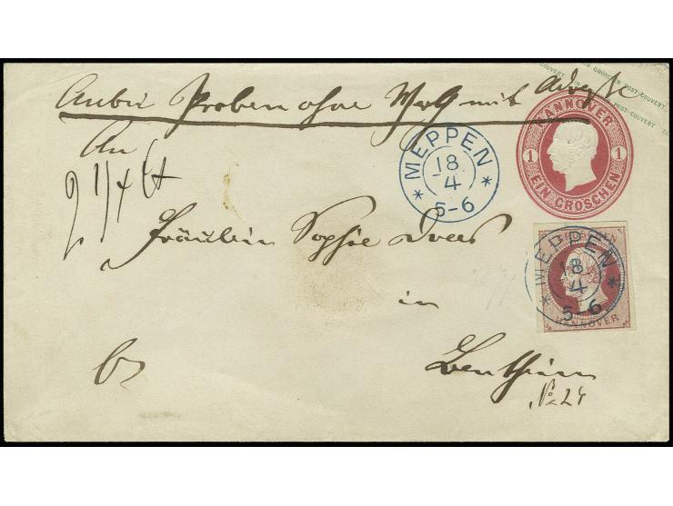 1 Gr. lilarot mit klarem DKr. "MEPPEN 18 4" als Zufrankatur auf Ganzsachenumschlag 1 Gr. rosa mit handschriftlichem Vermerk "