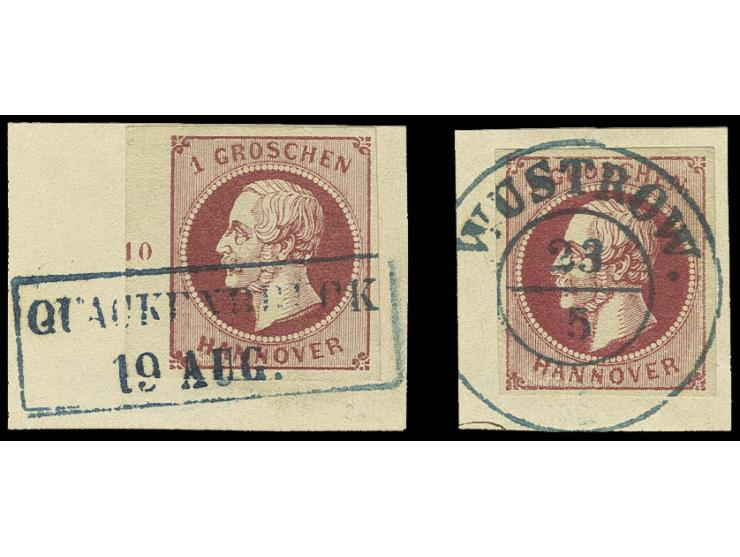1 Gr. weinrot, grober Druck, voll- bis breitrandig mit zentrisch klarem DKr. "WUSTROW 23/5" auf Briefstück sowie 1 Gr. lilaro
