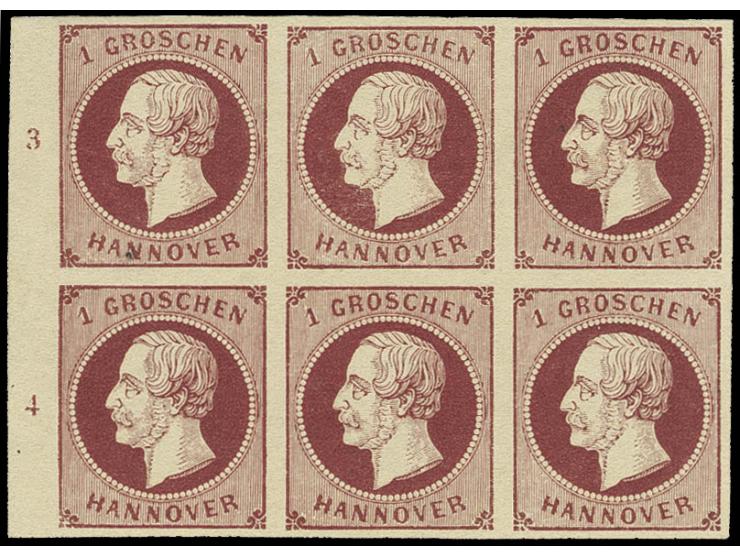 1 Gr. weinrot, feiner Druck, im waagerechten 6er-Block vom linken Bogenrand mit Reihenzählern "3" und "4", farbfrisch und all