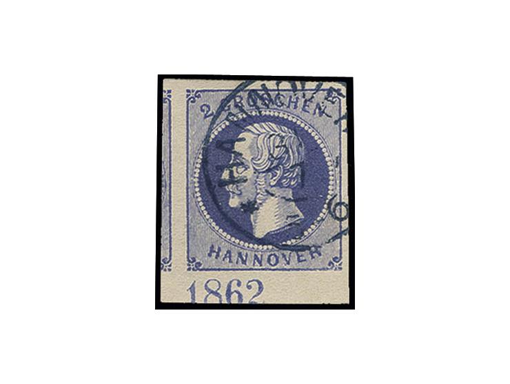 2 Gr. blau, allseits breit- bis überrandiges Unterrandstück mit Jahreszahl "1862", sauber entwertet durch DKr. von Hannover, 