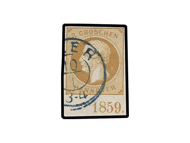3 Gr. gelborange, vollrandiges Unterrandstück mit Jahreszahl "1859" in Stellung 1, sauber gestempelt, Pracht, sign. H. Krause