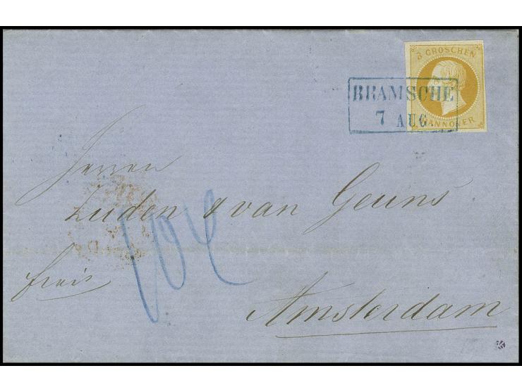 3 Gr. gelborange, sehr schön farbfrisch mit Ra2 "BRAMSCHE 7 AUG." auf Briefhülle 1860 nach Amsterdam mit rückseitigem Ankunft