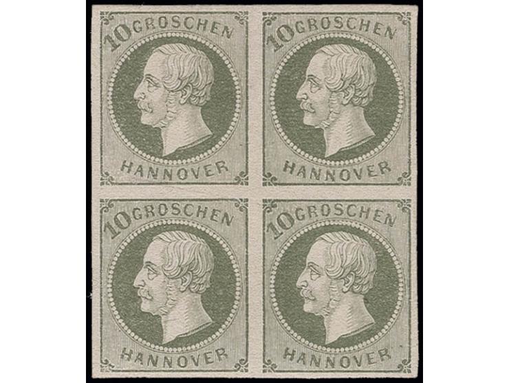 1861, 10 Gr. dunkelgrünlicholiv im 4er-Block, allseits breitrandig und farbfrisch, ungebraucht, Kabinett