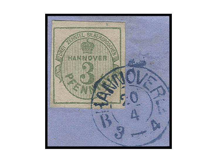 1863, 3 Pfg. grün, allseits sehr breitrandig geschnitten, oben mit kleinem Teil der Nebenmarke, mit sauberem DKr. "HANNOVER 2