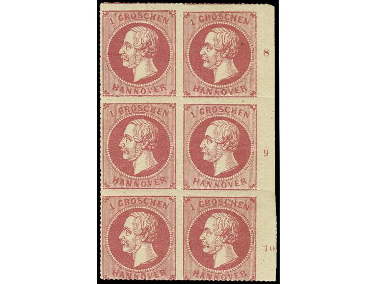 1864, durchstochen mit rosa Gummierung: 1 Gr. lebhaftrotkarmin im senkrechten 6er-Block vom rechten Bogenrand mit Reihenzähle