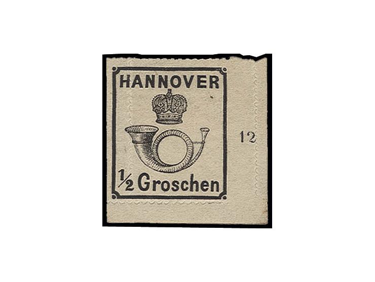 weiße Gummierung: ½ Gr. schwarz aus der rechten unteren Bogenecke, farbfrisch mit verschobenem Durchstich, ungebraucht, Kabin