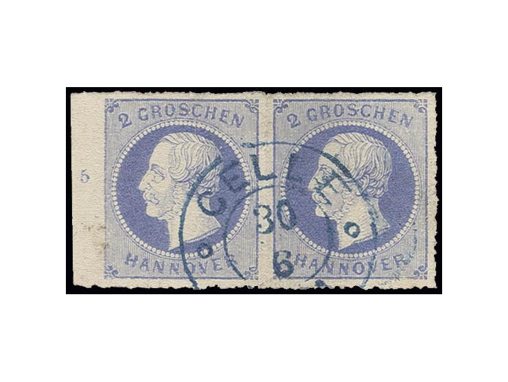 2 Gr. ultramarin im waagerechten Paar vom linken Bogenrand mit Reihenzähler "5", sauber gestempelt "CELLE 30 6", Pracht, sign