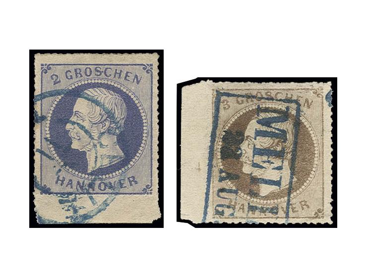 2 Gr. ultramarin mit unterem Bogenrand und 3 Gr. ockerbraun mit linkem Bogenrand mit Reihenzähler "4", je sauber gestempelt, 