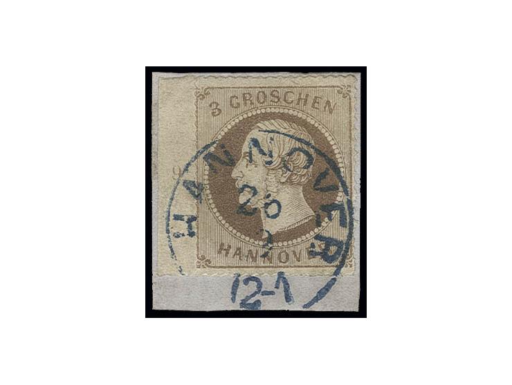 3 Gr. ockerbraun, linkes Randstück mit Reihenzähler "9" mit klarem EKr. "HANNOVER 26/9" auf Briefstück, Kabinett, sign. H. Kr