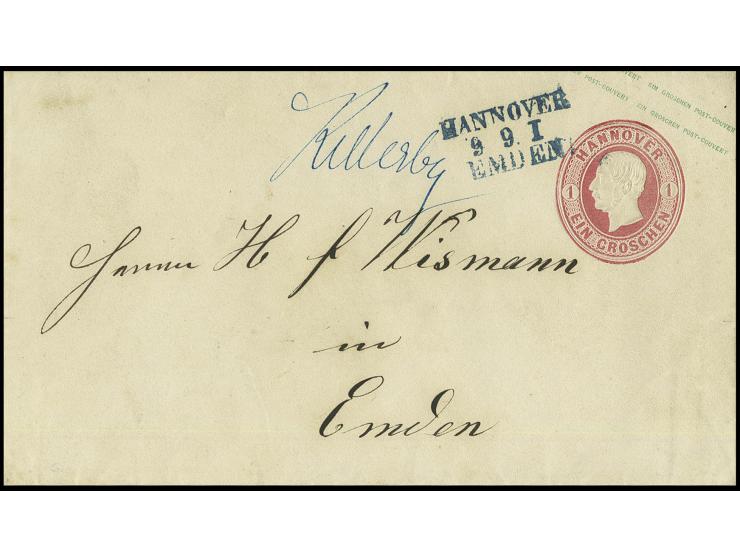 "Kellerbg" (Kellerberg), handschriftliche Ortsaufgabe auf Ganzsachenumschlag 1 Gr. rosa mit L3 "HANNOVER/9.9./EMDEN" nach Emd