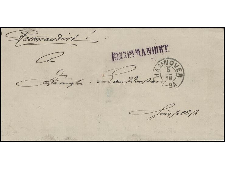 DIVERSES: 1870 (ca.), unfrankierter Orts-R-Brief mit DKr. "HANNOVER 5/10" und violettem L1 "RECOMMANDIRT" mit rückseitigem Si
