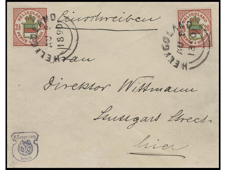 1876, 20 Pfg. trübrot/hellgraugrün/hellgelb, 2 Exemplare mit Rundstempel "HELIGOLAND AU 8 1890" auf eingeschriebenem Inselbri