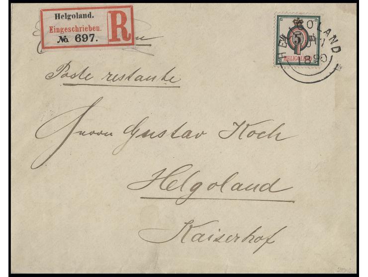 1879, 5M. blaugrün/lachsrot/gelb mit Rundstempel "HELIGOLAND AU 7 1890" auf eingeschriebenem Inselbrief, Pracht