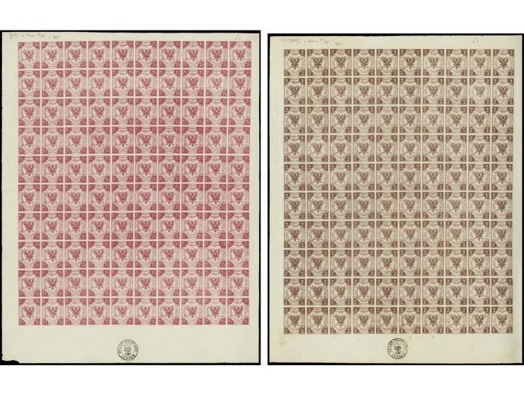 2 Sch. braun, 2½ Sch. rosa, 4 Sch. grün und schwärzlichgelblichgrün sowie Ausgabe ohne Wz. ½ Sch. dunkelrötlichgrau in 2 vers