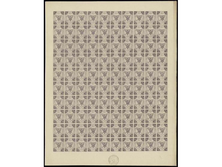 1862, ½ Sch. dunkelrötlichgrau im kpl. Schalterbogen mit breiten Bogenrändern, ungummiert, waagerecht mittig leicht gefaltet,