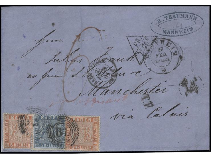 3 Kreuzer preußischblau und 2 Stück 6 Kreuzer lachsrot, abwechselnd geklebt mit Zackenkranzstempel "87" auf komplettem Faltbr