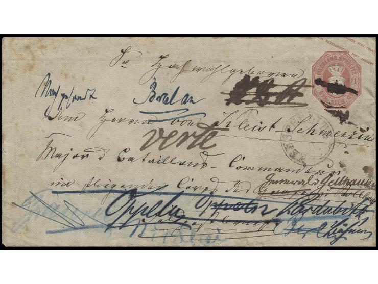 GANZSACHEN: 1864, Umschlag 1 Sgr. rosa von "NEUSTRELITZ 5 7" (1866) an einen 'Major u. Bataillons-Kommandeur' in Preußen, wah