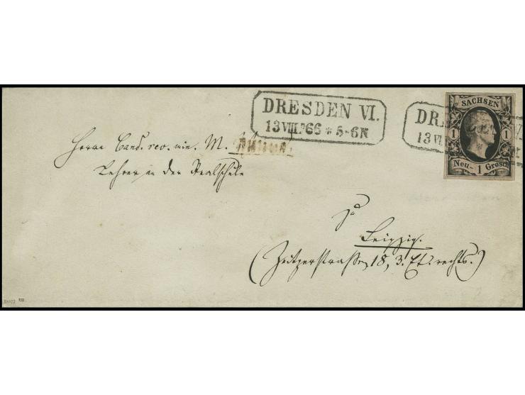 1 Neugroschen auf mattgraurot, voll- bis breitrandig mit sauber auf- und zusätzlich nebengesetztem Ra. "DRESDEN VI. 13 VIII. 