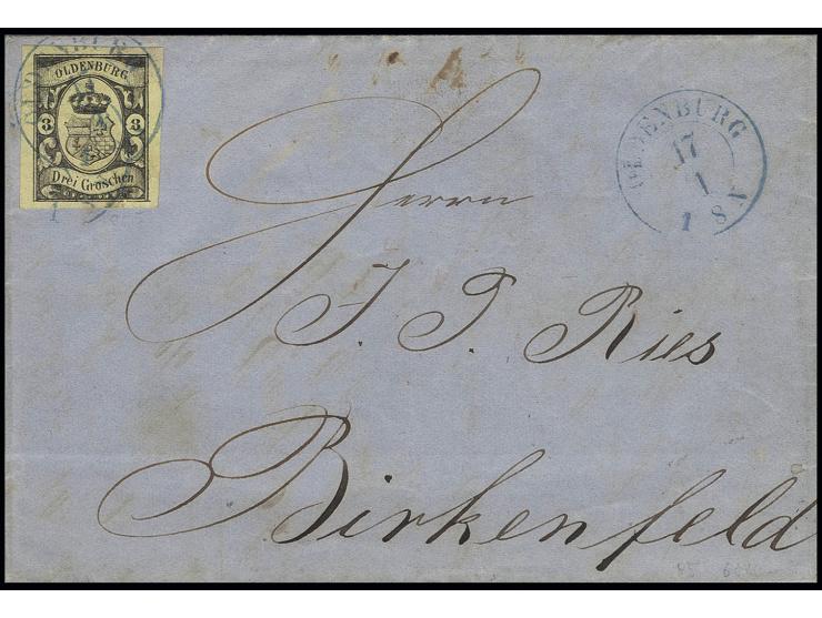 3 Gr. auf gelb, allseits sehr breitrandig und in leuchtend frischer Farbe mit blauem DKr. "OLDENBURG 17 1" (1861) auf Faltbri