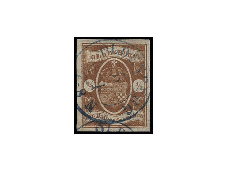 ½ Gr. dunkelbraun, allseits gleichmäßig breitrandig, sauber entwertet durch blauen DKr. "OLDENBURG 5 1", Kabinett, Fotobefund